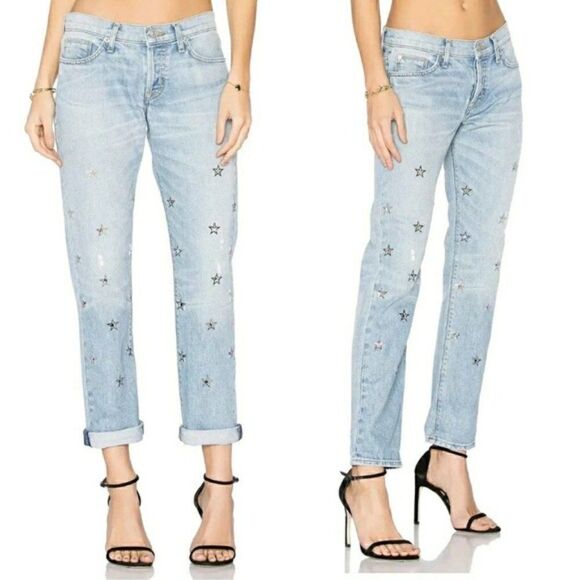 Hudson Riley Crop Boyfriend style Jeans Sz 26 Embroidered Stars - Picture 1 of 7
